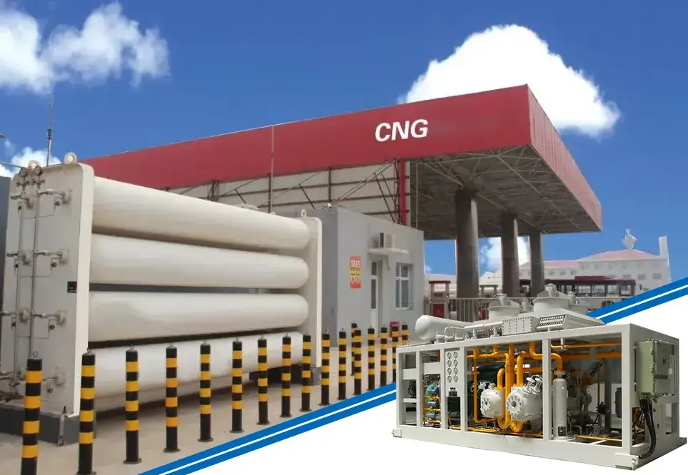 CNG refueling station with gas storage cylinders and compressor machinery highlighting clean fuel infrastructure
