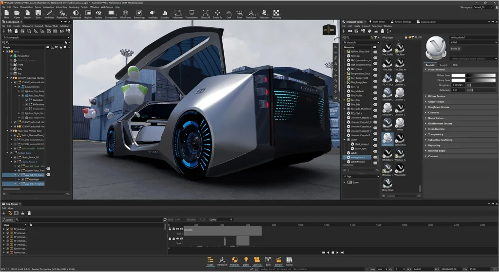 Ek virtual car prototype jo real-time mein rotate ho raha hai, with annotations for design changes – sourced from Autodesk gallery.