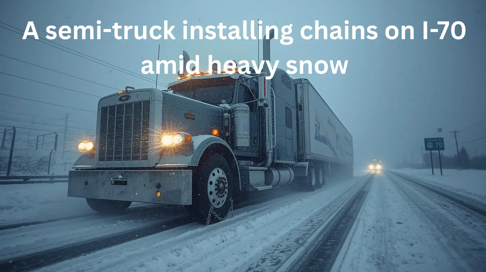 A semi-truck installing chains on I-70 amid heavy snow