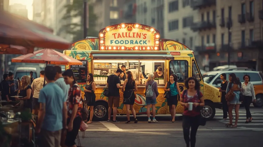 A vibrant food truck serving customers in a bustling USA city street.