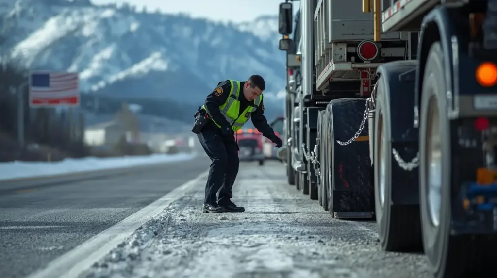 CSP troopers inspecting truck chains on I-70