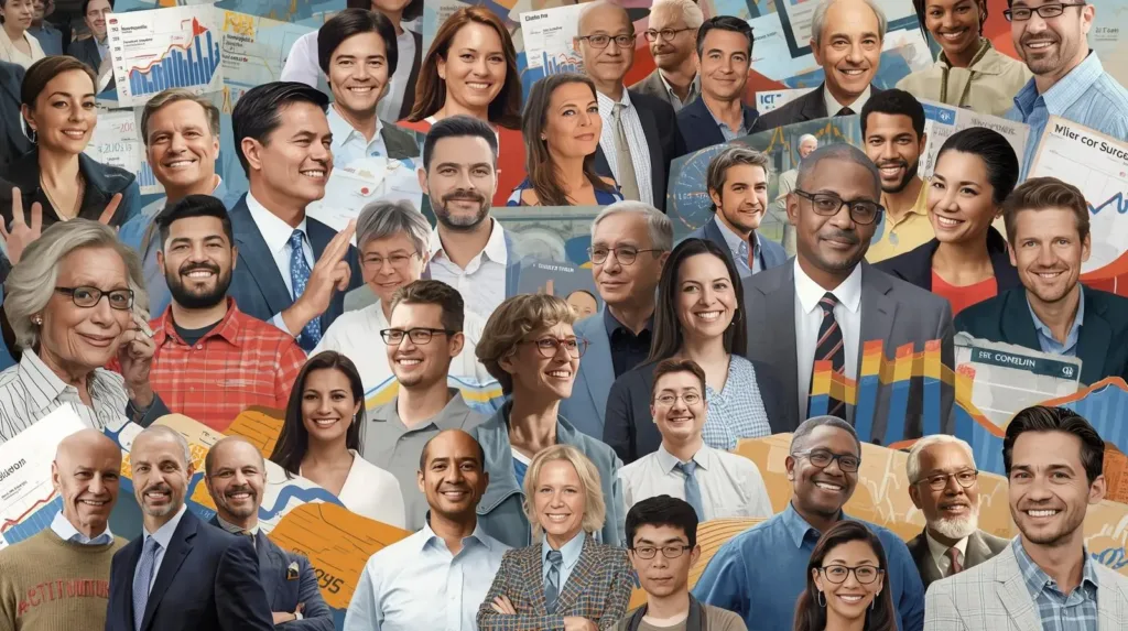 Collage of diverse Americans with income graphs