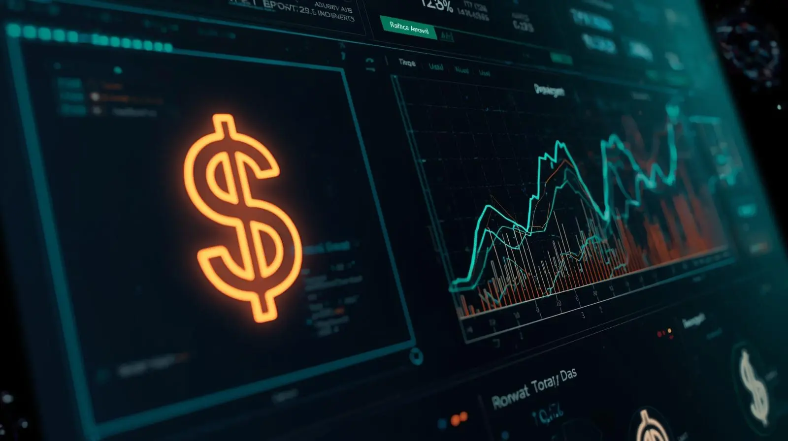 Futuristic AI dashboard showing dollar signs and growth charts
