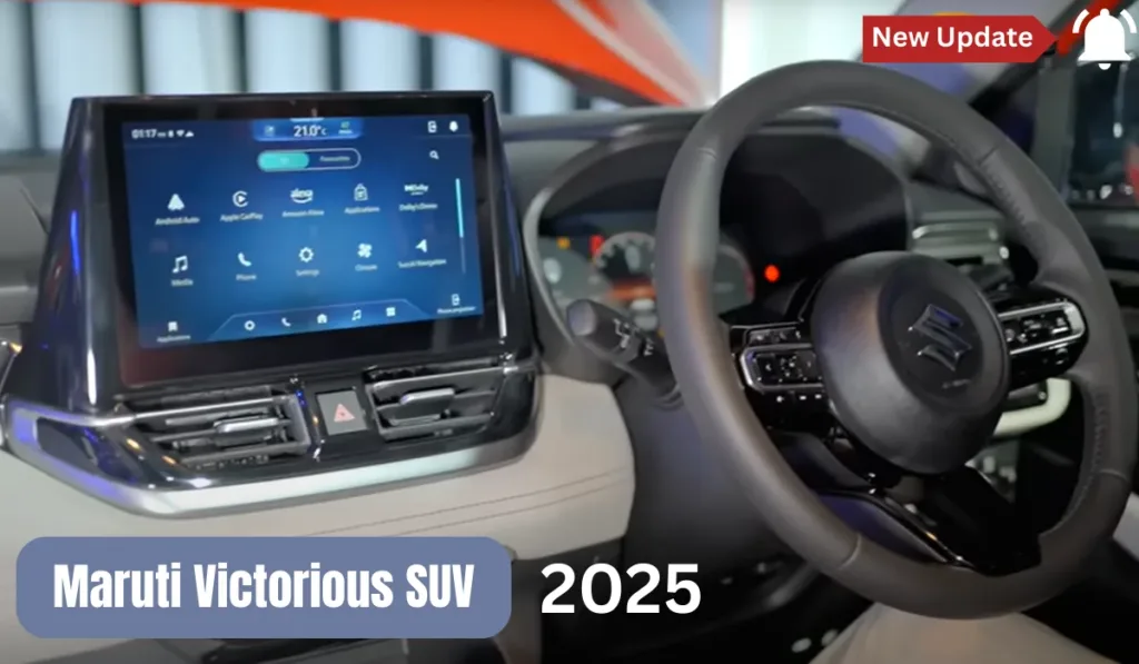 Interior dashboard view of Maruti Suzuki Victoris highlighting the 10.25-inch digital cluster and touchscreen
