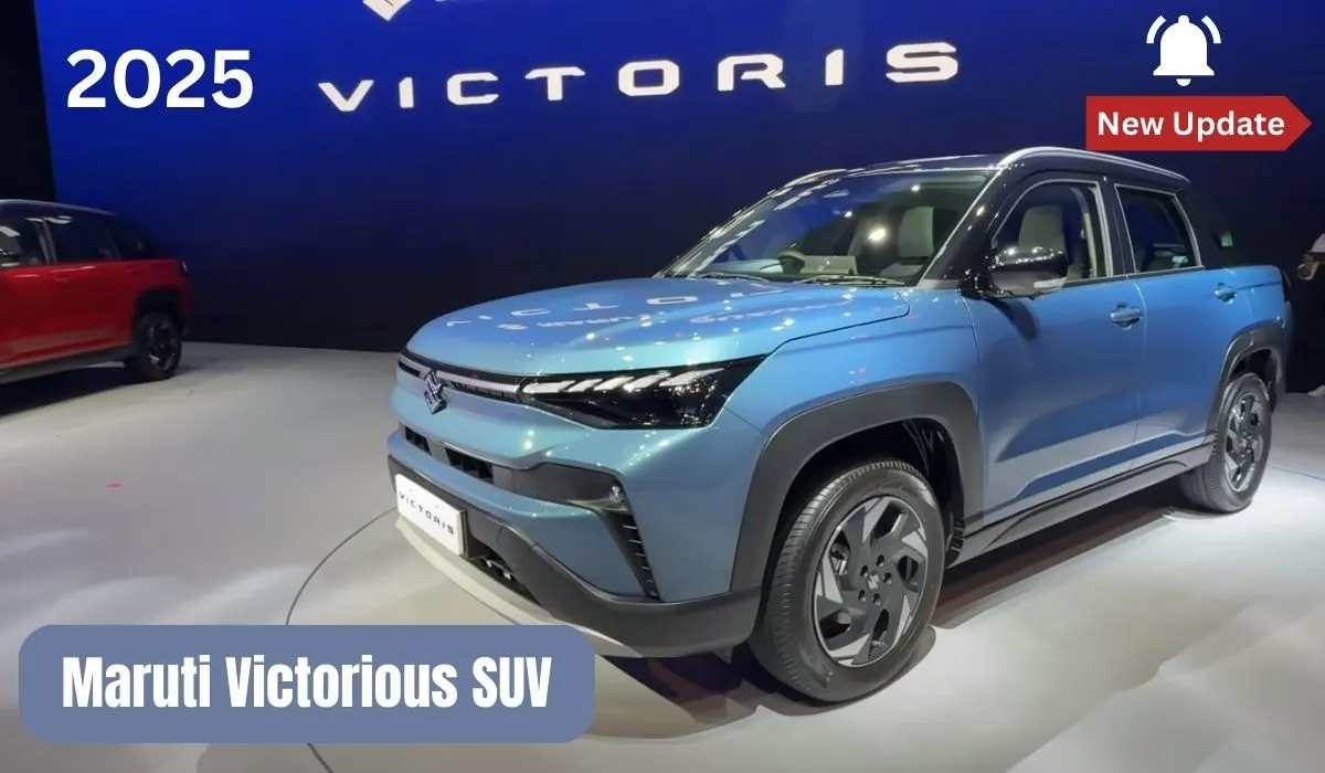 High-quality front three-quarter view of Maruti Suzuki Victoris SUV in Eternal Blue color, showing sleek LED headlights and bold grille