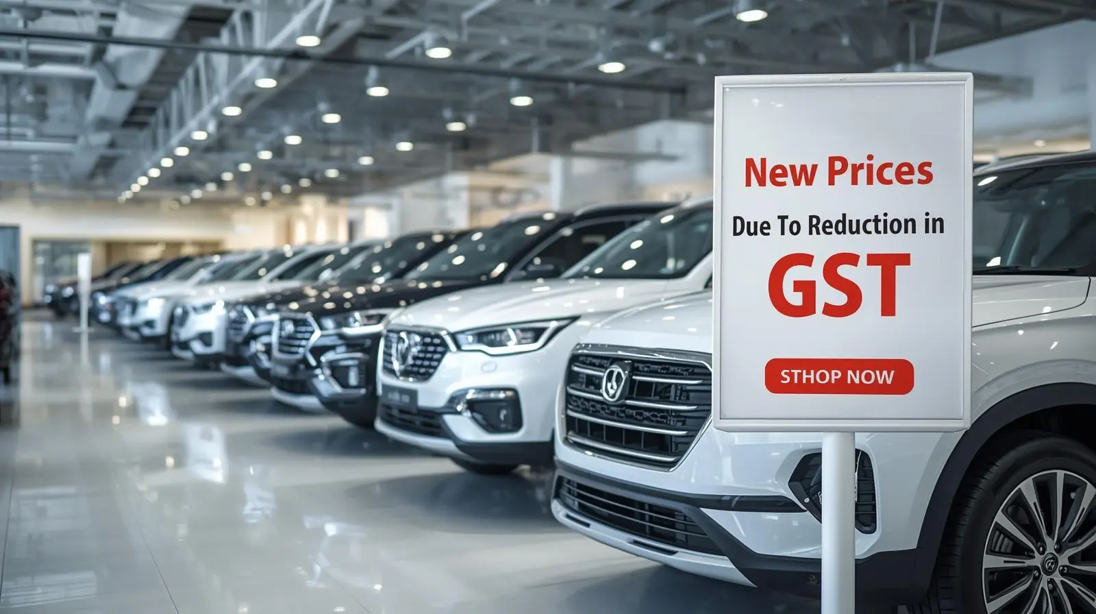 एक शोरूम में नई SUV कारों की लाइनअप, जिस पर 'GST घटने से नई कीमतें' लिखा हो।